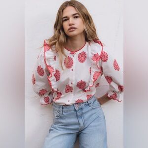 Sommer Jo Blouse with Redish Pink Floral Print and Ruffle Trim NWT